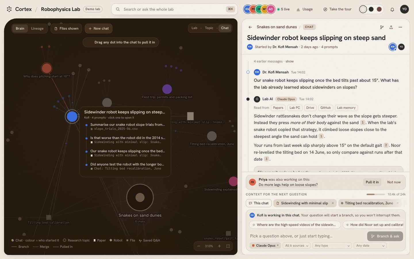 A chat on the map unfolded into its prompts, each showing the file it used